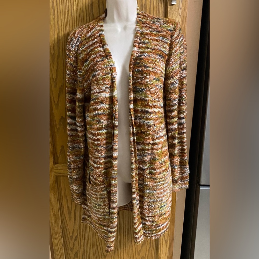 Song N Spirit multi color rust colors open front cardigan front pockets  size L